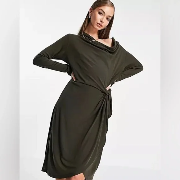 Ted BAKER Neyda Olive Long Sleeve Draped Jersey Knit Dress - Picture 16 of 16